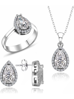 MaGümüş Sertifikalı Swarovski Damla Taşlı Tek Taş 925 Gümüş Set