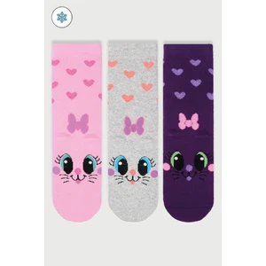 Mem Socks 3'lü Kedi Desenli Kaydırmaz Havlu Çocuk Çorabı
