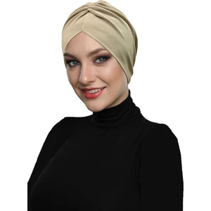 Fidan Bone Büzme Çift Taraflı Bej Hazır Türban Tesettür Havuz Bonesi
