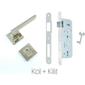 Anka Kare Rozetli Nikel Saten (Oda Tipi) Kapı Kolu+Kilit Sistemi 2'li Set