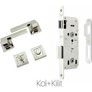 Anka Kare Rozetli Nikel Saten (Banyo-Wc Tipi) Kapı Kolu+Kilit Sistemi 2'li Set
