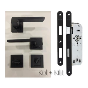 Anka (Banyo-Wc Tipi) Mat Siyah Kare Rozetli Kapı Kolu + Kapı Kilidi 2'li Set