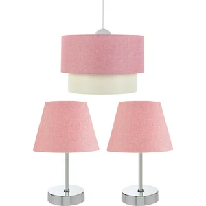 3'lü Set Avize ve Komodin Üstü Krom Abajur / Pembe