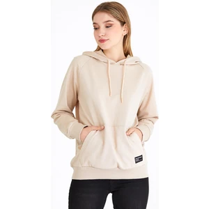 Kadın Bej Kapüşonlu Basic Örme Sweatshirt