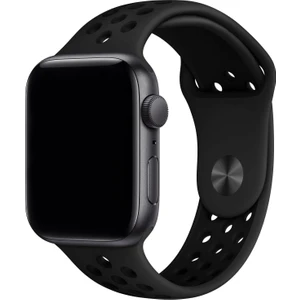 Apple Watch Series SE/10/9/8/7/6/5/4/3 42mm-41mm-40mm-38mm Uyumlu S/M Delikli Spor Silikon Kordon Siyah