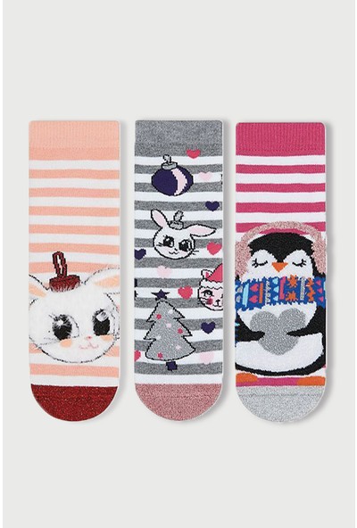 Mem Socks 3'lü Simli Tavşan-Penguen Desenli Kaydırmaz Havlu Çocuk Çorabı