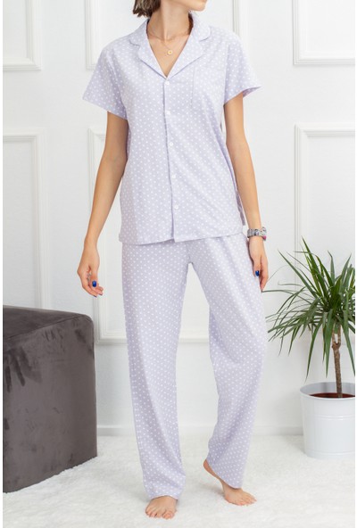 Yabgu Kadın Düğmeli Kalp Desenli Pamuklu Gri Pijama Takımı