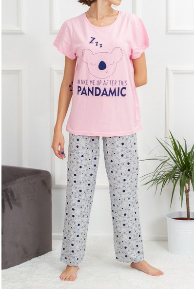 Yabgu Kadın Pembe Gri Desenli Pamuklu Kısa Kollu Pijama Takımı