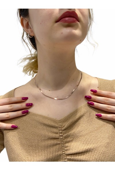 MaGümüş Italyan Yassı Rosegold Renk Üst Kalite 925 Gümüş Kolye