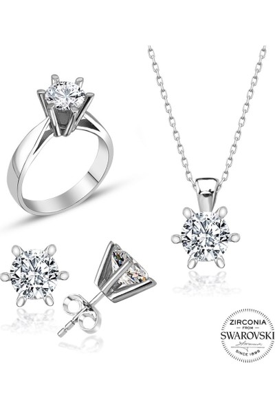 MaGümüş Sertifikalı Swarovski Tektaş Özel Model 925 Gümüş Set Takım