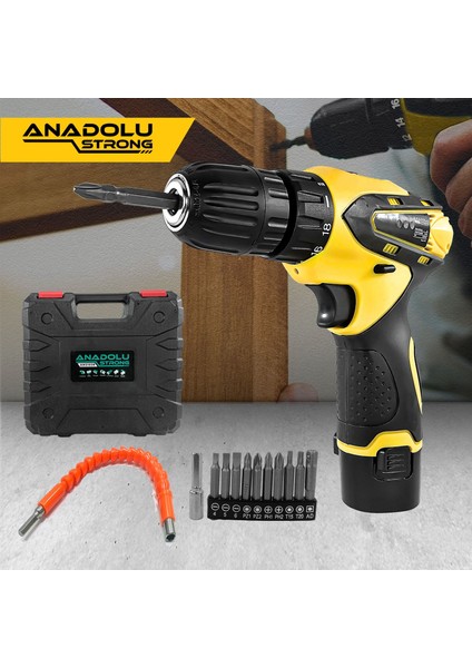 Anadolu Strong Anadolustrong ANS1038-SET 12V Çift Akülü Şarjlı Matkap Li-Ion Bataryalı-12 Adet Bit Uc Hediyeli