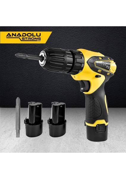 Anadolu Strong Anadolustrong ANS1038-SET 12V Çift Akülü Şarjlı Matkap Li-Ion Bataryalı-12 Adet Bit Uc Hediyeli