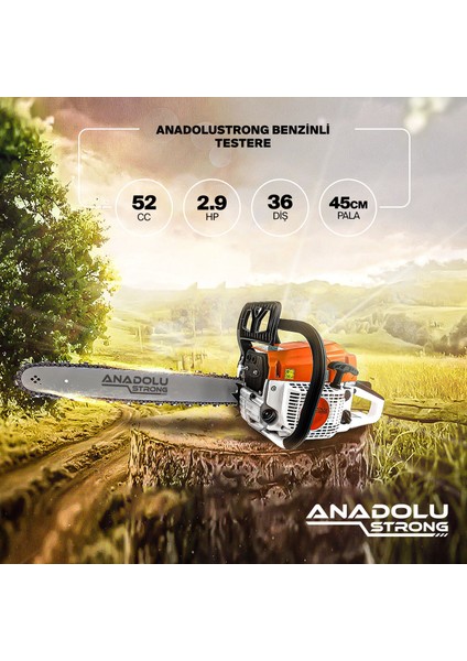 Anadolu Strong Anadolustrong ANS1041 2.9hp Benzinli Motorlu Testere 45CM Palalı Ağaç Kesme Motoru Hediyeli