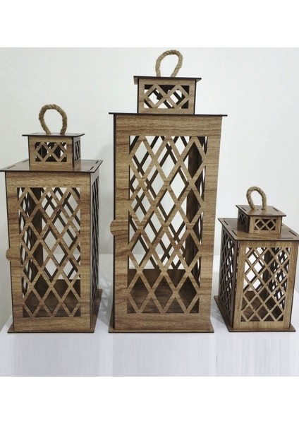 3 Boy Mdf Siyah Ahşap Kafes Mumluk - Ahşap Yer Mumluğu - Ahşap Fener Seti - Mumluk Seti