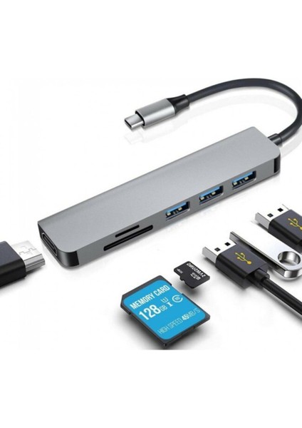 Type-C To 3xUSB 3.0 4K Ultra HD HDMI Sd Kart Girişli 6in1 Çevirici Hub Adaptör