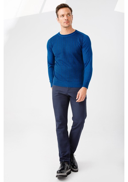 Erkek Önü Çizgili Triko Kazak Saks