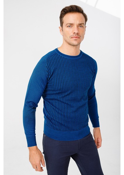 Erkek Önü Çizgili Triko Kazak Saks modelleri