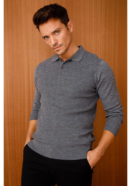 Erkek Polo Yaka Baklava Desenli Triko Kazak Füme fiyatları