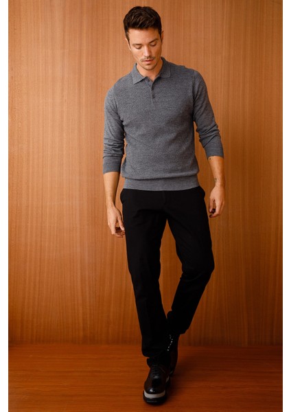 Erkek Polo Yaka Baklava Desenli Triko Kazak Füme modelleri