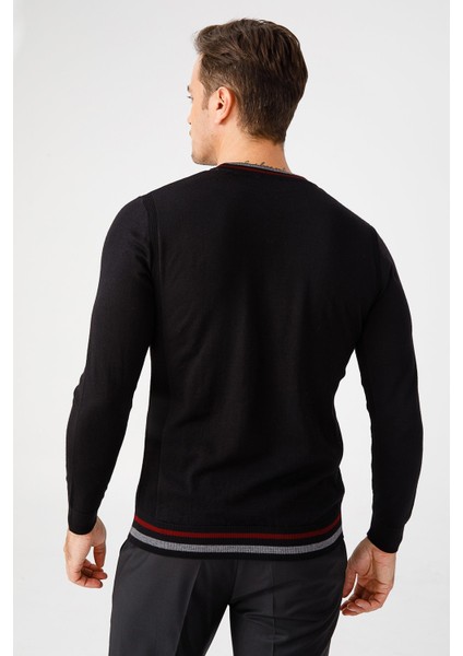 Erkek Yaka Kenarı Çizgili Sıfır Yaka Kazak Siyah fırsatları