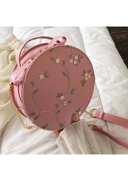 Kadın Dantel Desenli Yuvarlak Omuz Çantası -Pembe (Yurt Dışından)