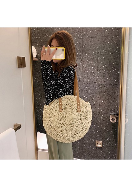 Hong Store Kadın Tuvarlak Hasır Dokuma Omuz Çantası - Beyaz (Yurt Dışından)