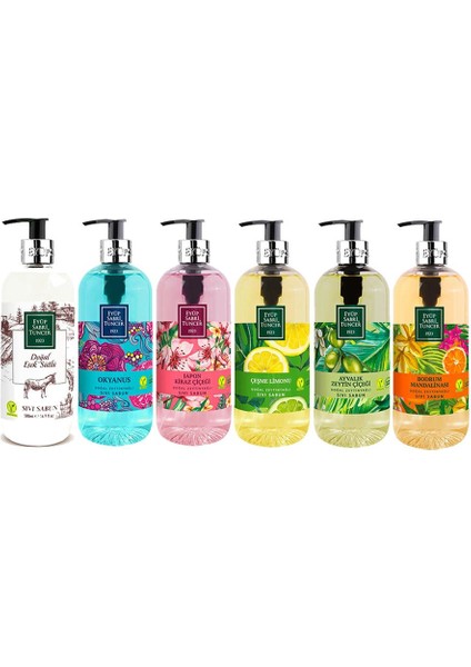 Sıvı Sabun Seti Ayvalık Zeytin Çiçeği, Çeşme Limonu, Japon Kiraz Çiçeği, Okyanus, Bodrum Mandalinası, Eşek Sütlü 500 ml