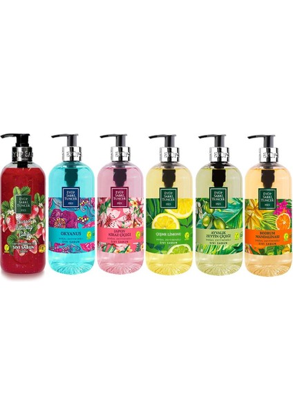 Sıvı Sabun Seti Ayvalık Zeytin Çiçeği, Çeşme Limonu, Japon Kiraz Çiçeği, Okyanus, Bodrum Mandalinası, Uludağ Çileği 500 ml