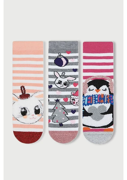 Mem Socks 3'lü Simli Tavşan-Penguen Desenli Kaydırmaz Havlu Çocuk Çorabı