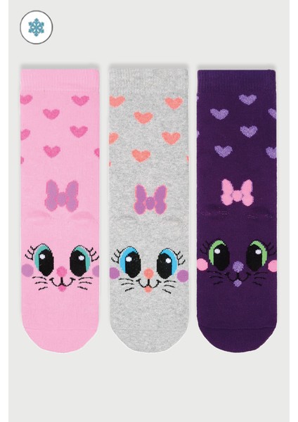 Mem Socks 3'lü Kedi Desenli Kaydırmaz Havlu Çocuk Çorabı