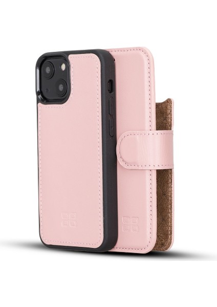 Apple iPhone 13 Mini Uyumlu Deri Cüzdanlı Kılıf Magsafe Rfıd Nu2 Pembe