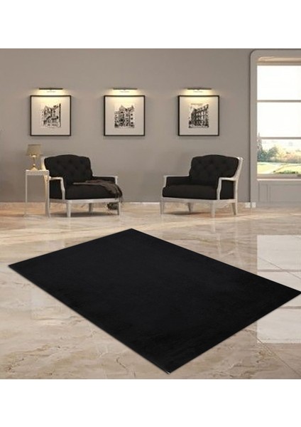 Siyah Renk Yumuşak Dokulu Kaymaz Taban Peluş Halı-Yolluk