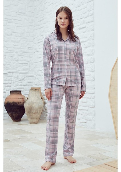 29630 Kadın Pembe Pamuklu Ekose Gömlek Yaka Önden Düğmeli Pijama Takımı
