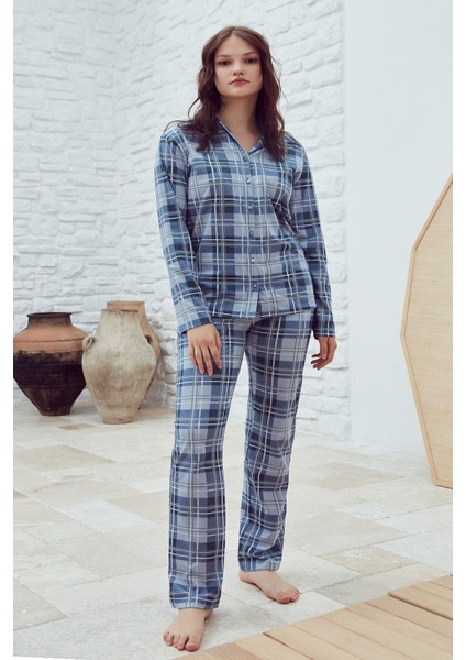 29630 Kadın Mavi Pamuklu Ekose Gömlek Yaka Önden Düğmeli Pijama Takımı