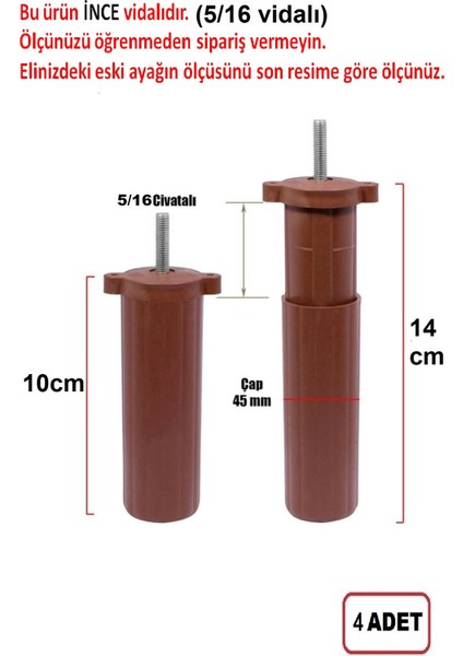 Orta Plastik Mobilya Koltuk Kanepe Ayağı 4 Adet Ceviz 10 - 14 cm 5/16 Vida (Vida Ölçüsüne Dikkat)