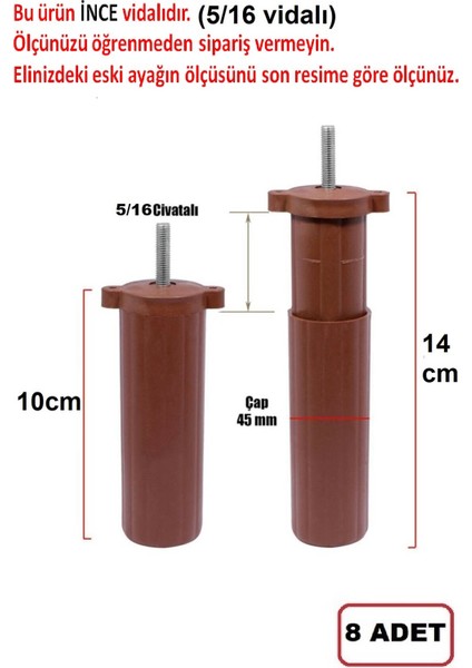 Orta Plastik Mobilya Koltuk Kanepe Ayağı 8 Adet Ceviz 10 - 14 cm 5/16 Vida (Vida Ölçüsüne Dikkat)