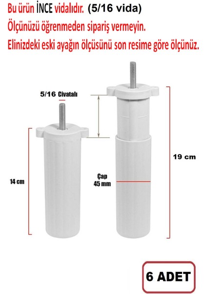 Orta Plastik Mobilya Koltuk Kanepe Ayağı 6 Adet Beyaz 14 - 19 cm 5/16 Vida (Vida Ölçüsüne Dikkat) modelleri