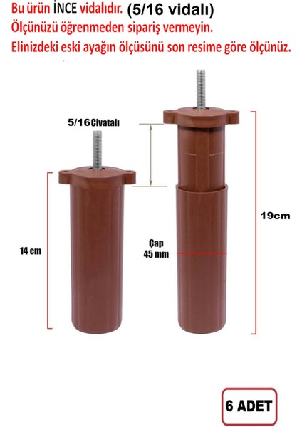 Orta Plastik Mobilya Koltuk Kanepe Ayağı 6 Adet Ceviz 14 - 19 cm 5/16 Vida (Vida Ölçüsüne Dikkat)