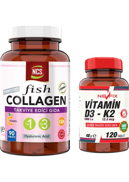 Kollajen Tip 1-3 90 Tablet & Nevfix Vitamin D3-K2 120 Tablet