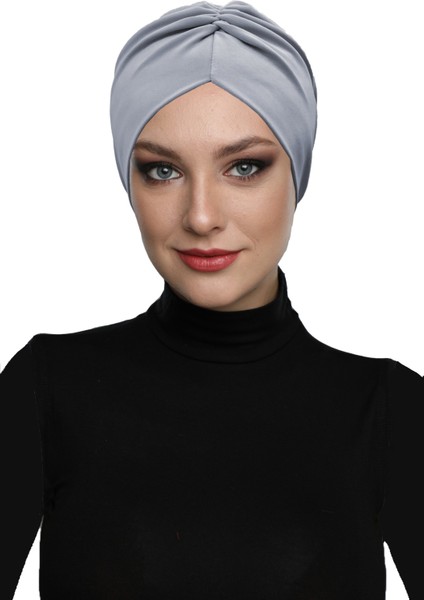 Büzme Çift Taraflı Açık Gri Hazır Türban Tesettür Havuz Bonesi