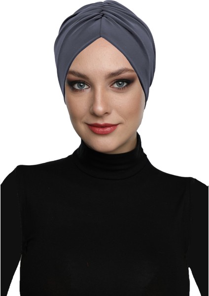 Büzme Çift Taraflı Koyu Gri Hazır Türban Tesettür Havuz Bonesi