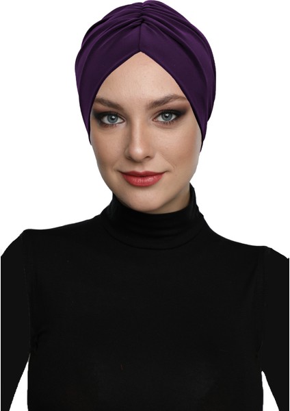 Büzme Çift Taraflı Mor Hazır Türban Tesettür Havuz Bonesi modelleri