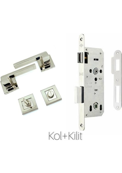 Anka Kare Rozetli Nikel Saten (Banyo-Wc Tipi) Kapı Kolu+Kilit Sistemi 2'li Set