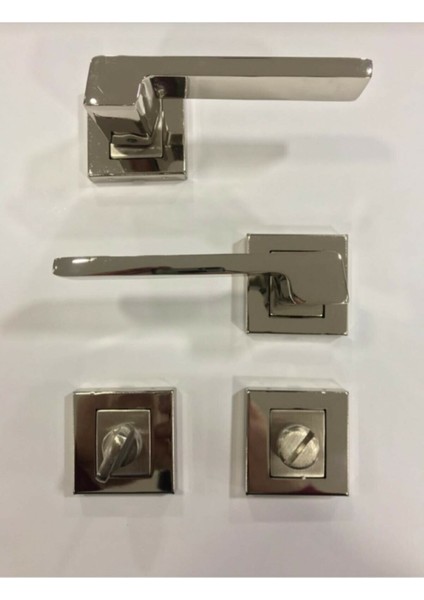 Anka Kare Rozetli Nikel Saten (Banyo-Wc Tipi) Kapı Kolu+Kilit Sistemi 2'li Set