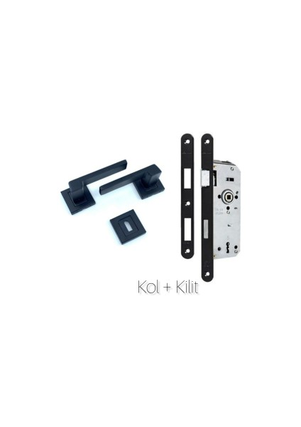 Anka (Oda Tipi) Mat Siyah Kare Rozetli Kapı Kolu + Kapı Kilidi 2'li Set