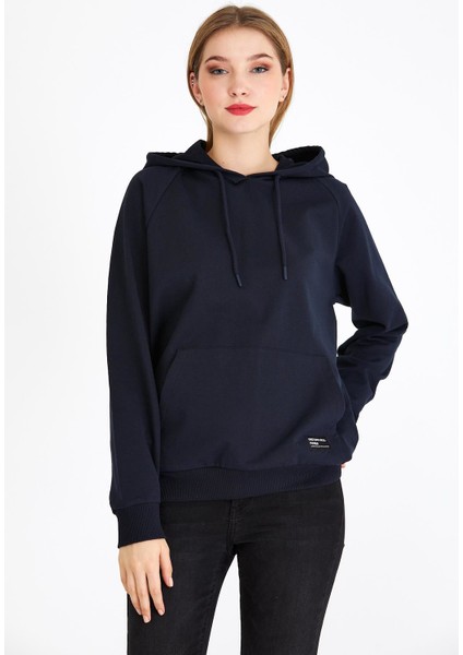 mmetalic Kadın Lacivert Renk Kapüşonlu Basic Örme Sweatshirt