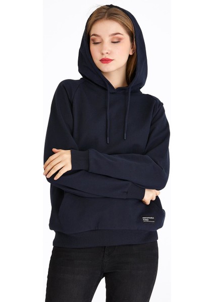 mmetalic Kadın Lacivert Renk Kapüşonlu Basic Örme Sweatshirt