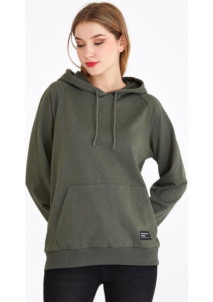 Kadın Haki Renk Kapüşonlu Basic Örme Sweatshirt