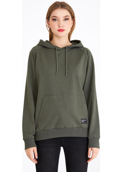 Kadın Haki Renk Kapüşonlu Basic Örme Sweatshirt