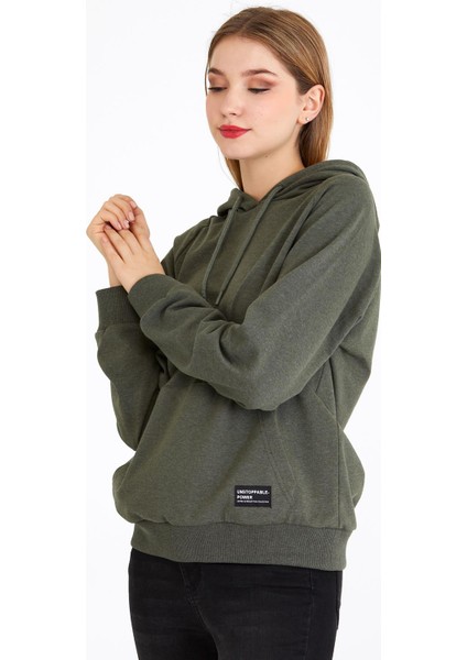 Kadın Haki Renk Kapüşonlu Basic Örme Sweatshirt